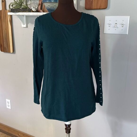 Soft surroundings crewneck pearl trimmed sweater womens size small green soft fe - Picture 1 of 10